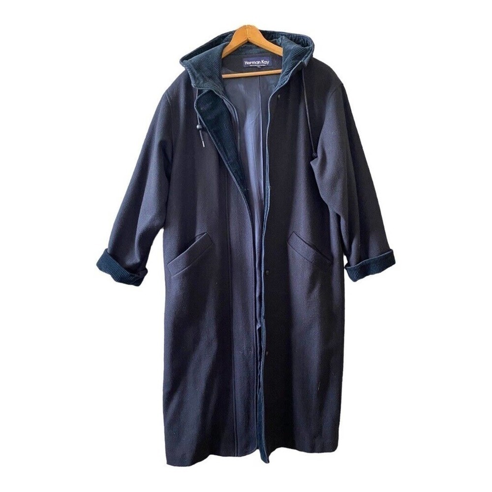 Vintage Herman Kay Womens Coat Navy Wool Blend With Corduroy Trim Size 10